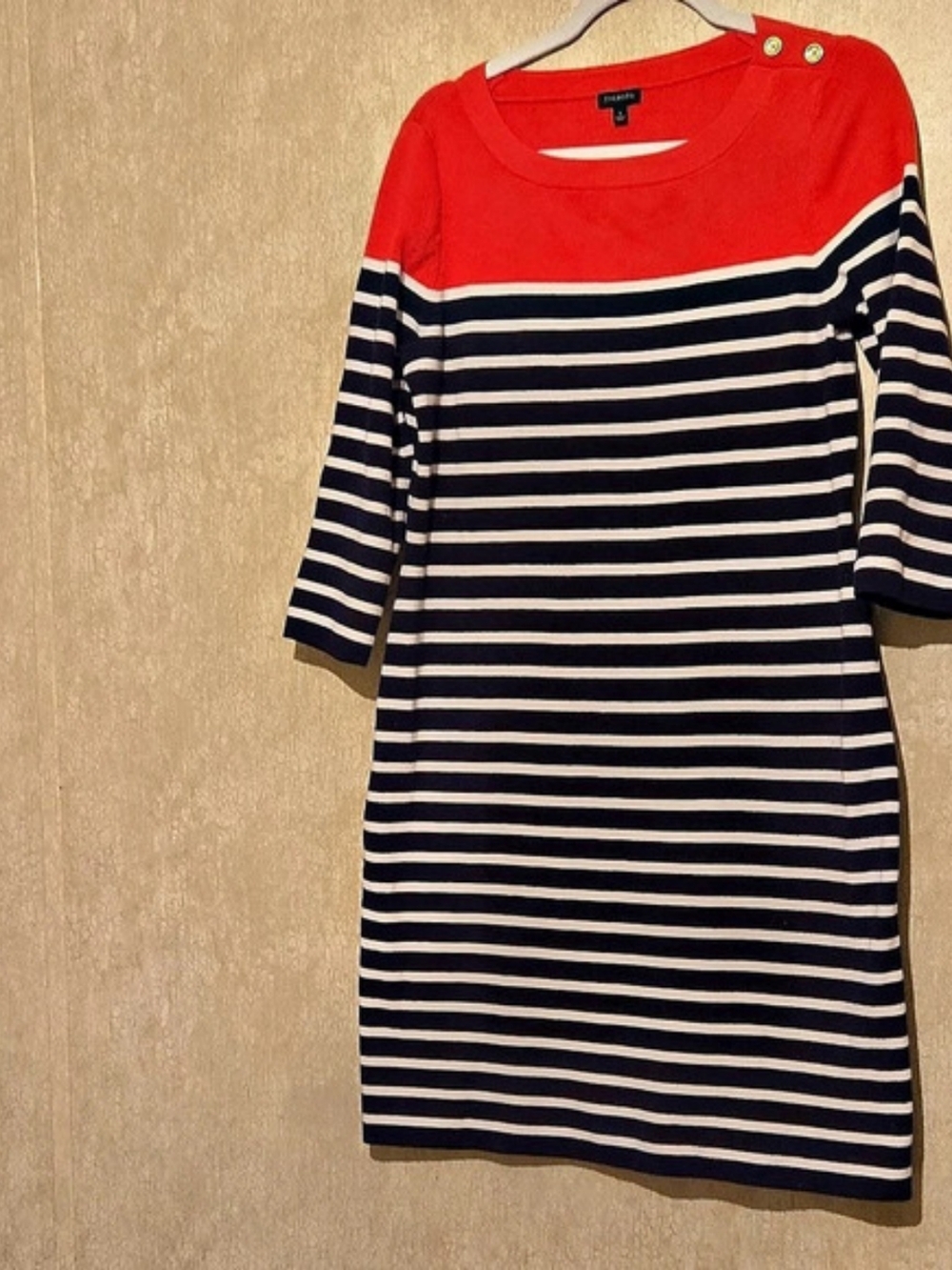 Talbots Striped Knit Dress with Pink Yoke and Gold Shoulder Buttons Black&white